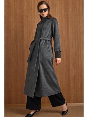 Antrasit Hakim Yaka Ribana Detaylı Uzun Moher Kaban