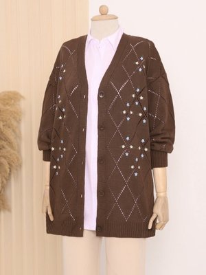 K. Kahve Ajurlu Çiçek Nakışlı Düğmeli Triko Hırka