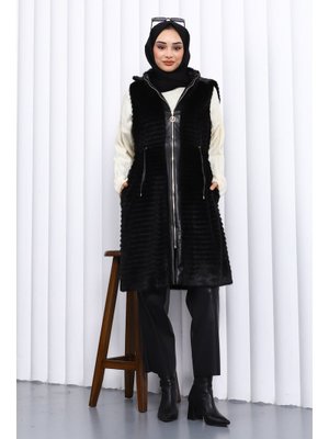 Siyah Deri Garnili Angora Yumoş Yelek
