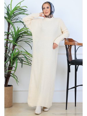 Taş Rengi Örgülü Triko Elbise