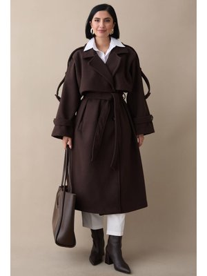 Apoletli Kuşaklı Astarsız Oversize Acı Kahve Kaşe Kaban