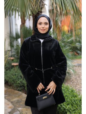 Siyah Beli İpli Flato Cepli Fermuarlı Peluş Mont
