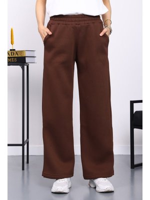 Kahverengi Bel Lastikli Şardonlu Üç İplik Pantolon