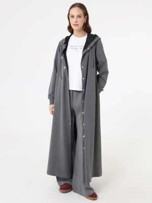 Gri Melanj Kapüşon Detaylı Çıtçıtlı Spor Kap / Pardesü