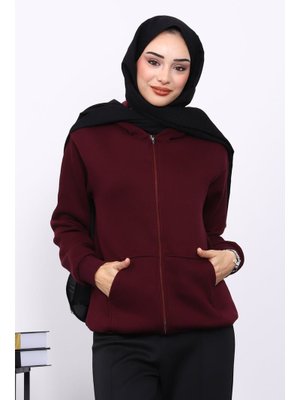 Mürdüm Kanguru Cepli Şardonlu Üç İplik Hırka