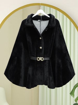 Siyah Gold Düğme Detay Kemerli Alcantara Panço