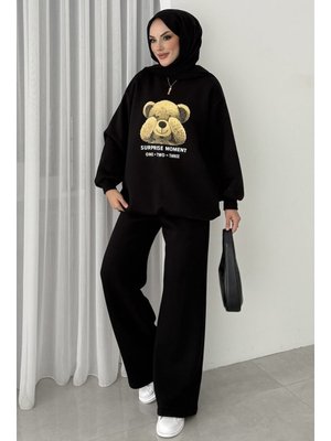 Siyah Ayıcık Desen Üç İplik İkili Takım