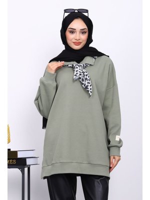 Haki Yaka Fular Detaylı Tunik