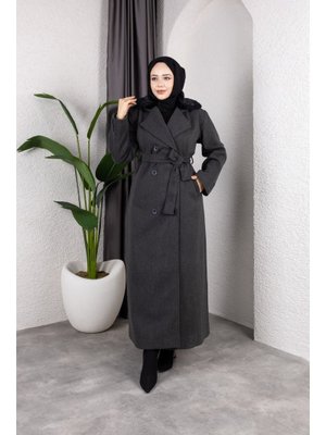 Kruvaze Kürk Yaka Kuşaklı Tam Boy Manto Kaban