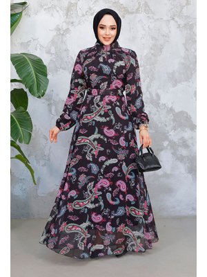 Çiçek Desenli Siyah Fuşya Elbise 52681sf