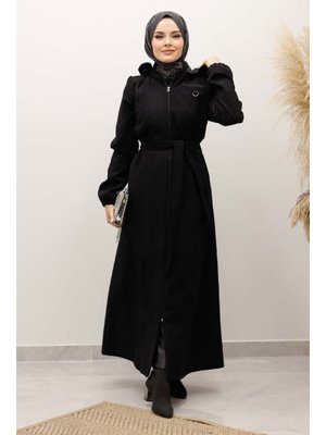 Siyah Kolu Lastikli Fermuar Detaylı Kaşe Kaban