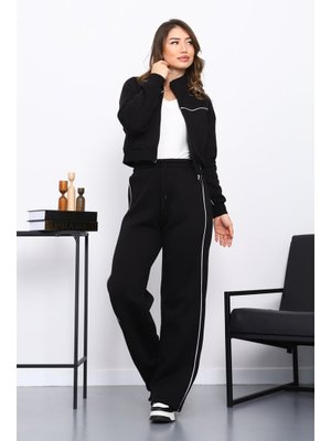 Siyah Üç İplik Sweat Hırka Pantolonlu Takım