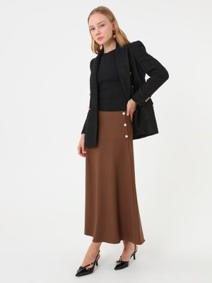 Acı Kahve Yandan Düğme Detaylı Kloş Etek