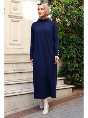 Merserize Yakası Taş Detaylı Fırfırlı Triko Elbise