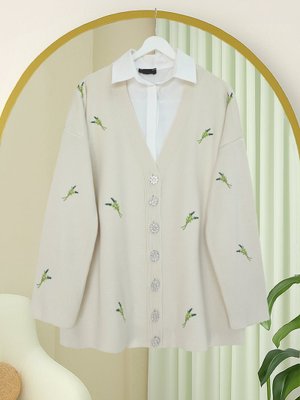 Krem Taşlı Düğmeli Dal Desenli Triko Hırka