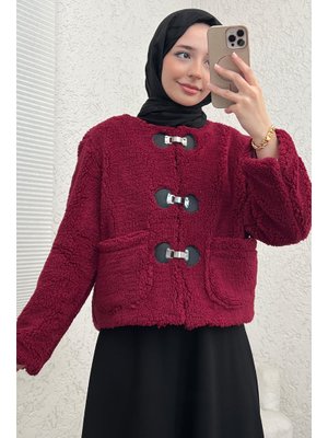 Bordo Toka Detaylı Peluş Ceket