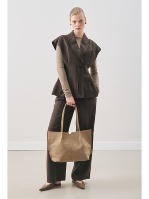 Acı Kahve Dökümlü Tencel Kemerli Yelek