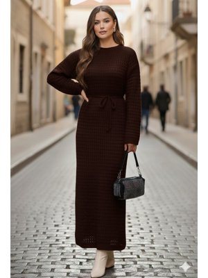 Kahverengi Palmiye Fileli Triko Elbise