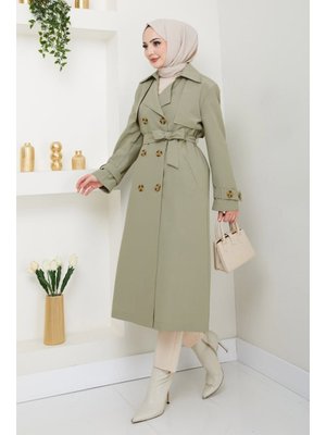 Taşlı Toka Detaylı Astarlı Açık Haki Trençkot