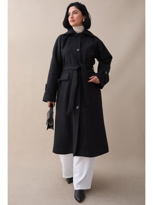 Yakası Apoletli Kapak Cep Siyah Kaşe Kaban