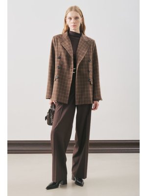 Kahverengi Kruvaze Ekose Blazer Ceket