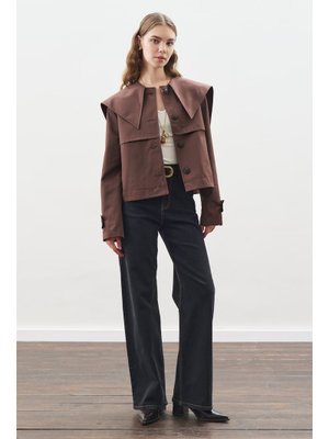 Geniş Yaka Gabardin Ceket Çikolata