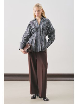 Pile Detaylı Gömlek Kahve Çizgili