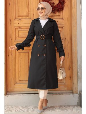 Tokalı Kemerli Siyah Trençkot 5942s