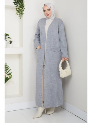 Çelik Örgü Cepli Uzun Triko Hırka