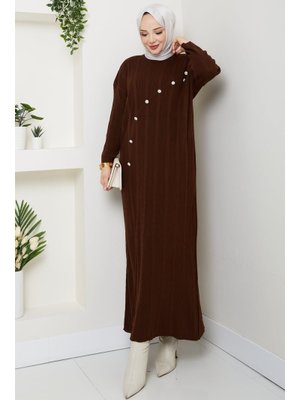 Taş Detaylı Büyük Beden Fitilli Uzun Triko Elbise
