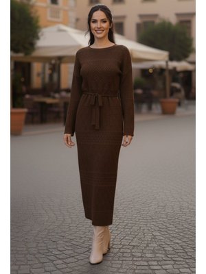 Kahverengi Baklava Desenli Fileli Triko Elbise