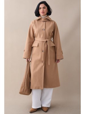 Yakası Apoletli Kapak Cep Camel Kaşe Kaban