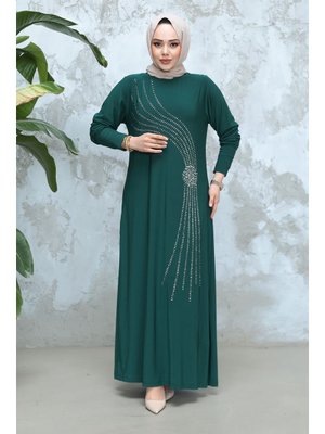 Boncuk İşlemeli Zümrüt Yeşili Elbise 9345zy