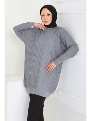 Gri Grı Çima Detaylı Triko Tunik