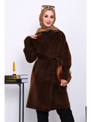 Kahverengi Bel Kuşaklı Çift Cepli Angora Kaban