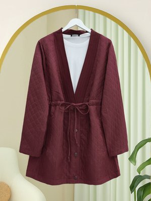 Bordo V Yaka Beli Bağcıklı Cepli Düğmeli Kap
