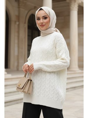 Örgü Detaylı Krem Triko Kazak Tunik 8652kr