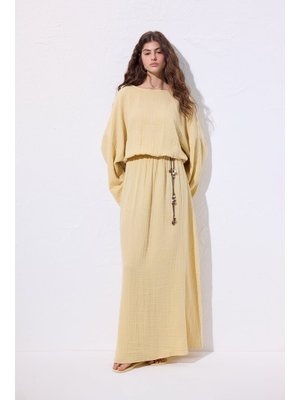 Sarı Müslin Beli Büzgülü Elbise