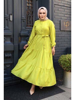 Düğmeli Asidik Sarı Elbise 30391asr