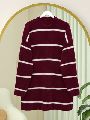 Bordo Çizgili Salaş Sakallı Triko Tunik