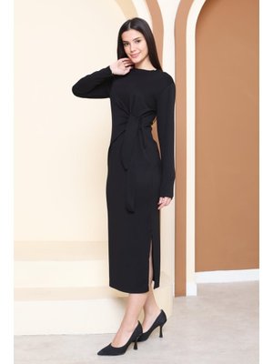 Sıyah Siyah Yandan Bağlama Detaylı Modal Elbise