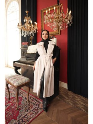 Ekru Belden Bağcıklı Kolsuz Uzun Kürk Yelek