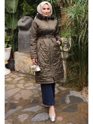 Haki Kapüşonlu Fermuarlı Kapitone Mont