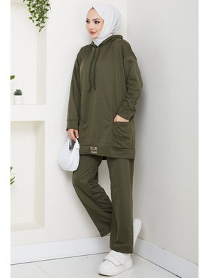 Haki Çift Cepli Kapüşonlu İkili Takım