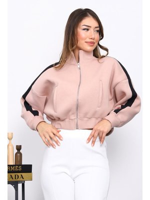 Pudra Fermuarlı Üç İplik Sweat Hırka