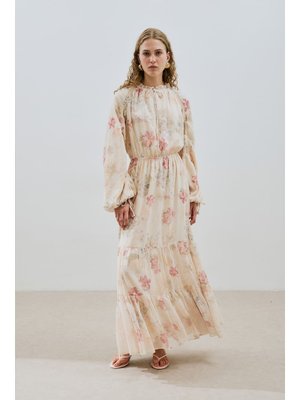 Uzun Büzgülü Şifon Elbise Roses Butterfly