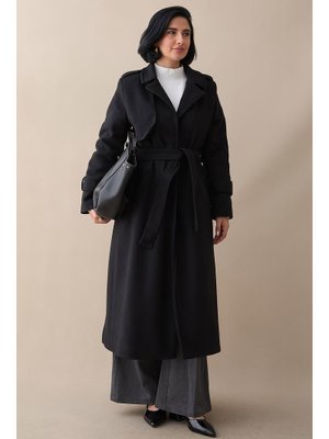 Tek Kapaklı Cepli Kuşaklı Siyah Kaşe Kaban