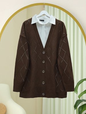 Kahve Ajurlu Baklava Desenli Triko Hırka