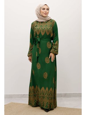 Yeşil Çini Desenli Viskon Elbise