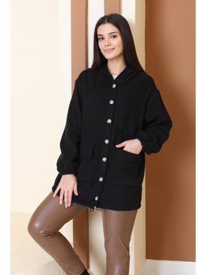 Siyah Sıyah Çift Cepli Bileği Lastikli Kaşe Mont